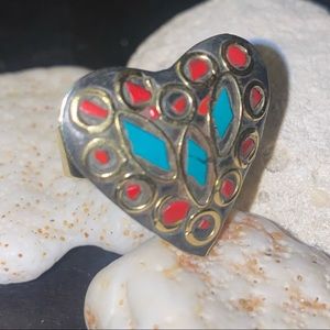 Tibetan Turquoise + Red Coral Handcrafted ring